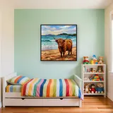 Vache des Highlands sur plage écossaise – Enfant