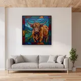 Vitrail Vache Highland aux Couleurs de Pierres Précieuses – mis en situation dans un salon