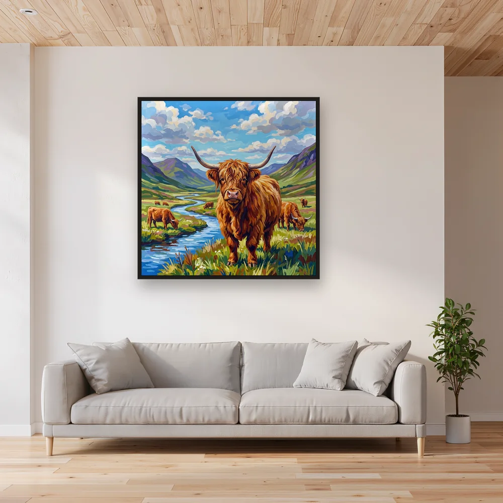 Troupeau de vaches Highland dans une vallée montagneuse – Salon