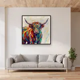 Ritratto colorato di mucca highland a spatola – in un soggiorno