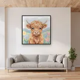 Veau Highland aux grands yeux doux – mis en situation dans un salon