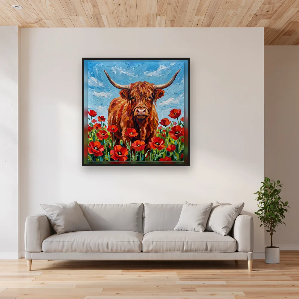 Vache Highland dans un champ de coquelicots – Salon
