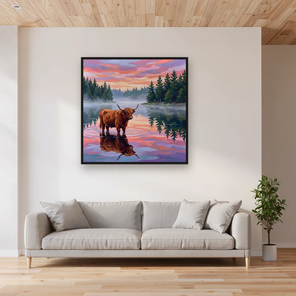 Vache des Highlands au bord du loch brumeux – Salon