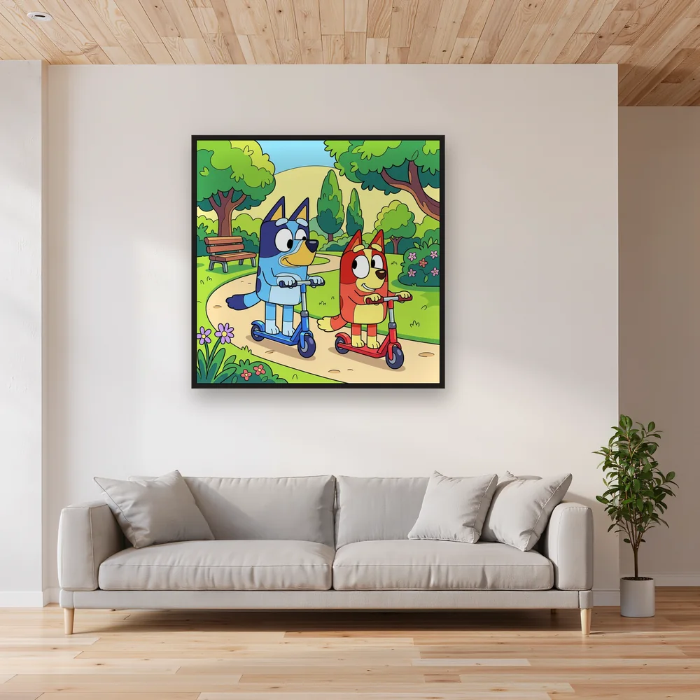 Bluey and Bingo Riding Scooters in the Park – Living room