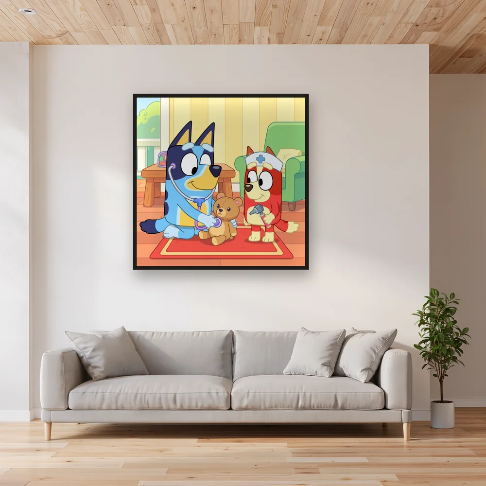 Bluey and Bingo Playing Doctor with Stethoscopes – Living room