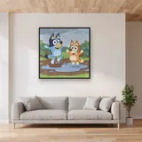 Bluey and Bingo Jumping in Muddy Puddles – displayed in a living room