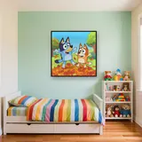 Bluey and Bingo Jumping in Autumn Leaves – Kids room