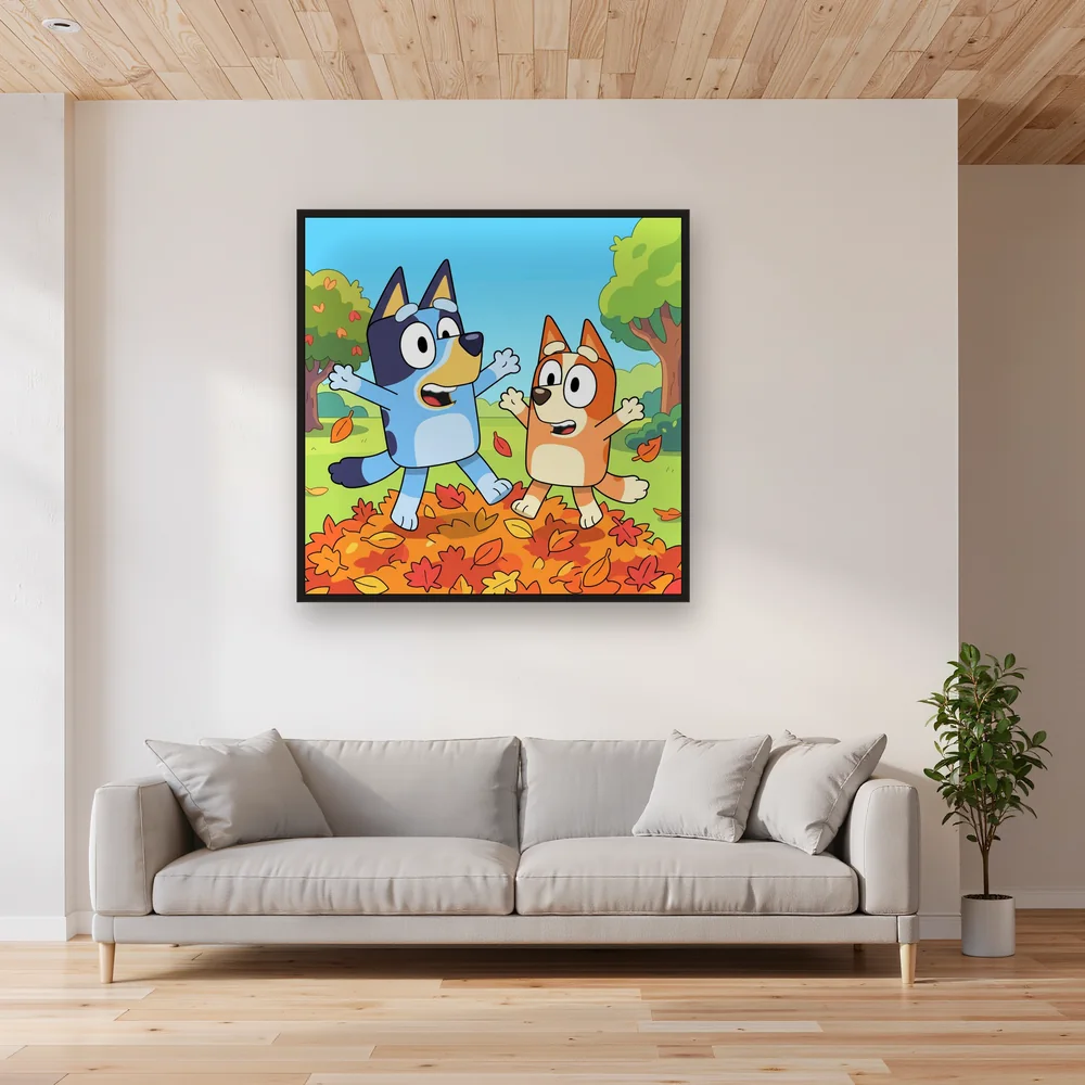 Bluey and Bingo Jumping in Autumn Leaves – Living room