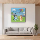 Bluey and Bingo Flying a Kite on a Windy Hill – displayed in a living room