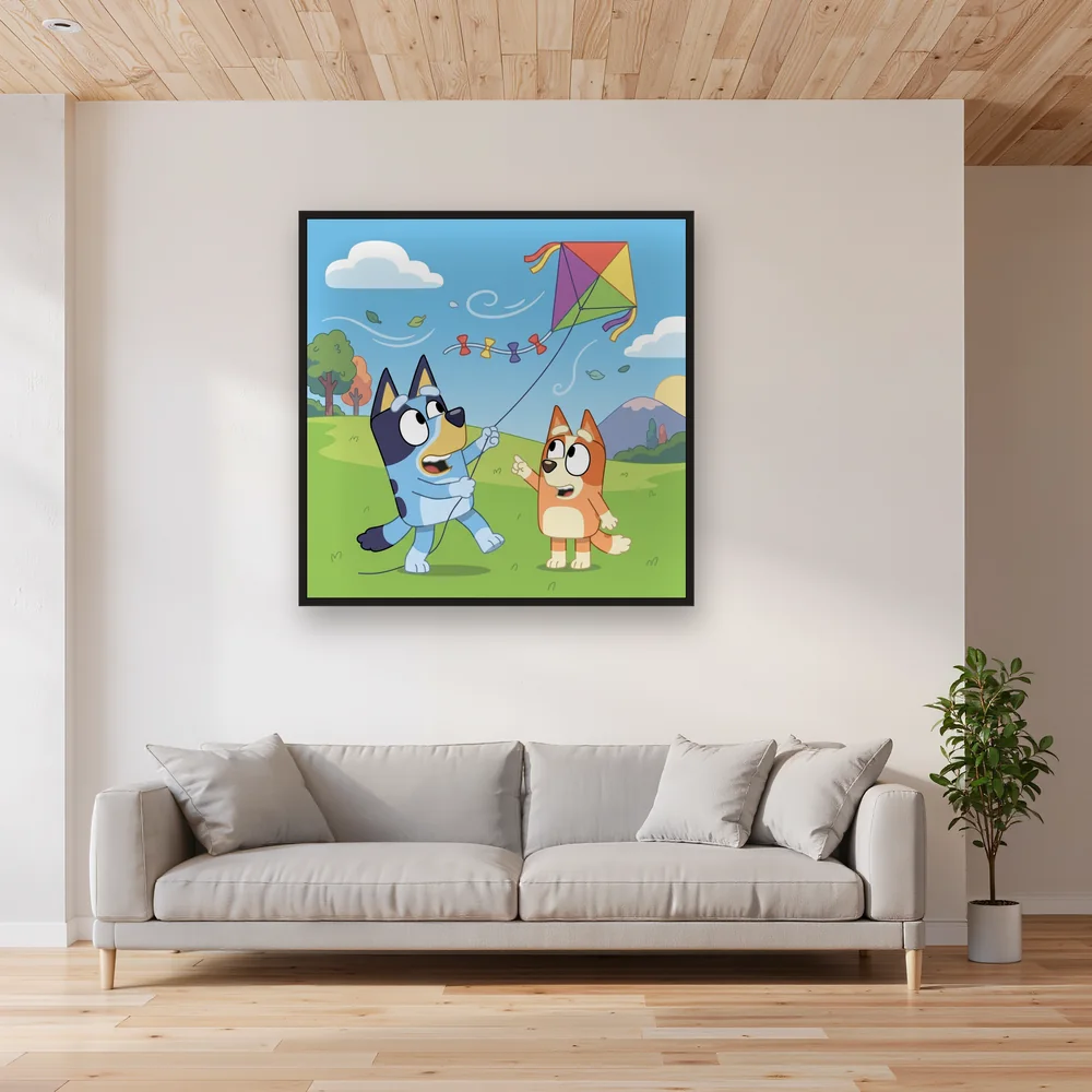Bluey and Bingo Flying a Kite on a Windy Hill – Living room