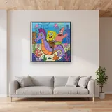 SpongeBob and Patrick Riding a Giant Seahorse – displayed in a living room
