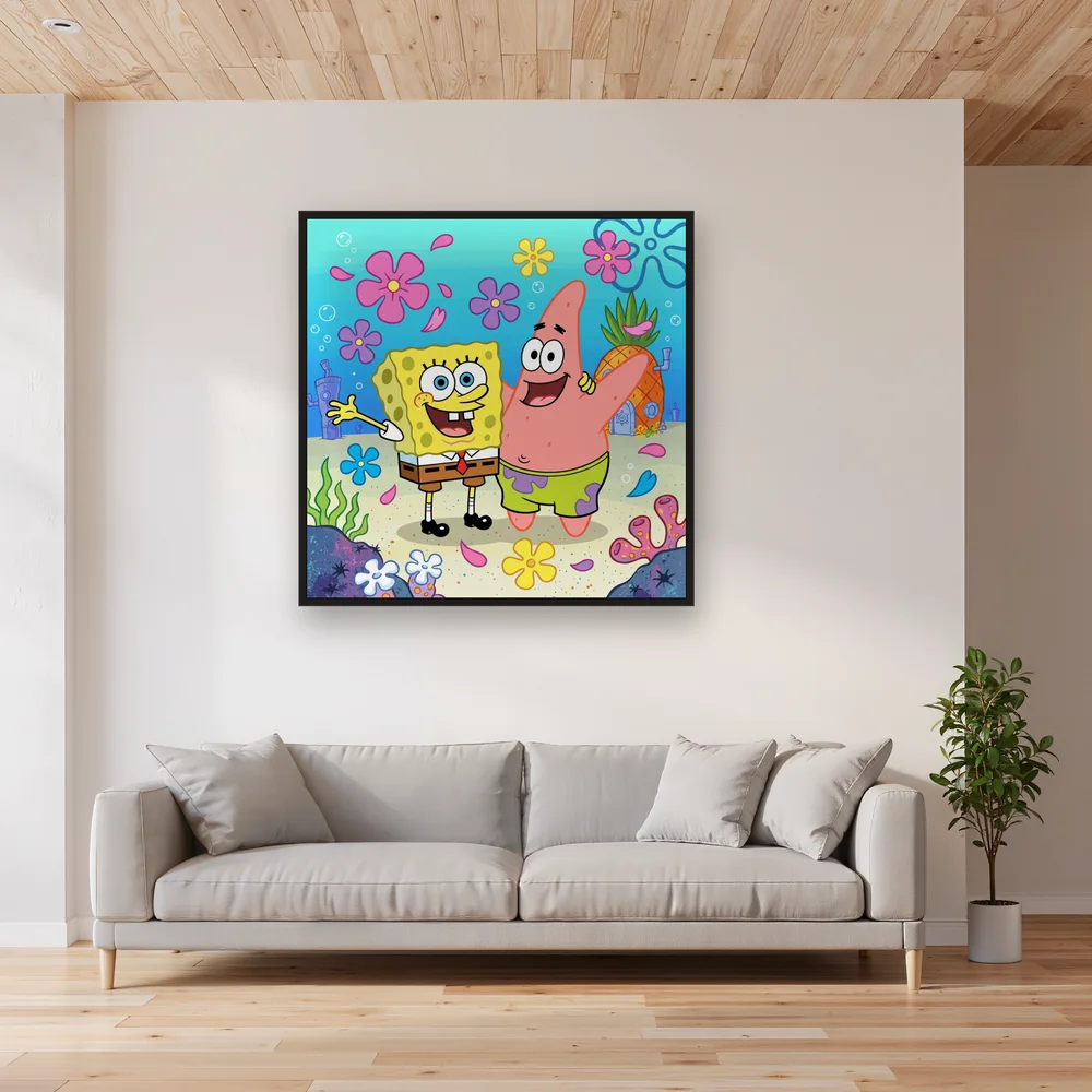 SpongeBob and Patrick Smiling with Floating Flowers – Living room