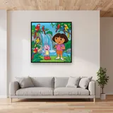 Dora and Boots at the Waterfall with Parrots – displayed in a living room