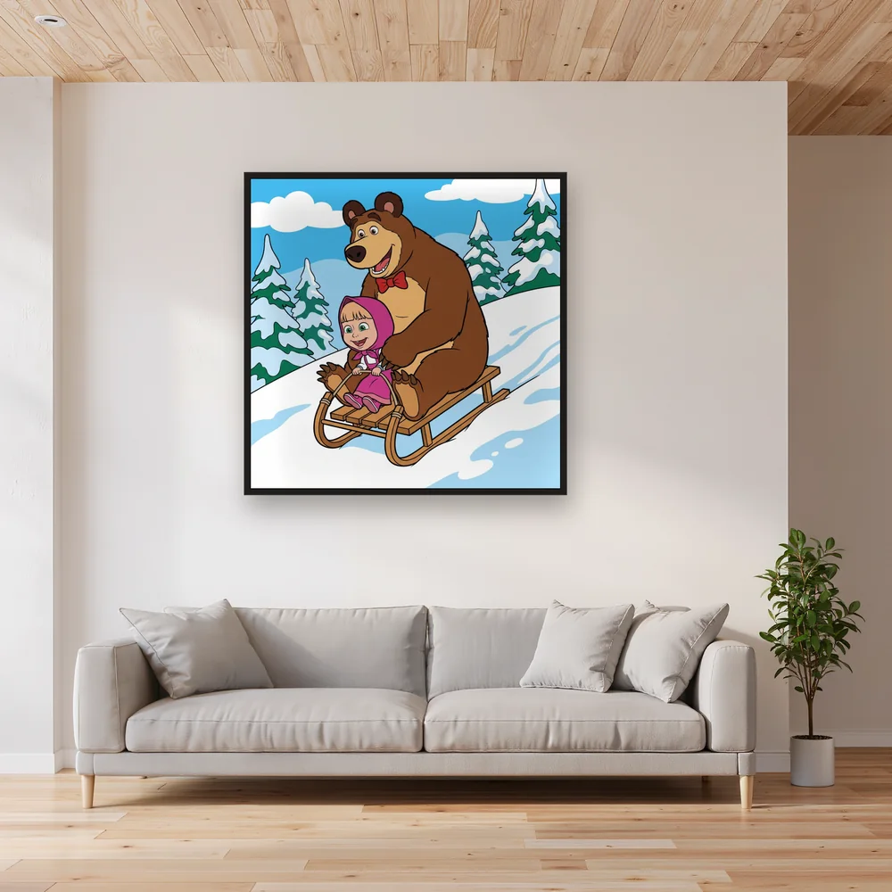 Masha and the Bear Sledding Down a Snowy Hill – Living room
