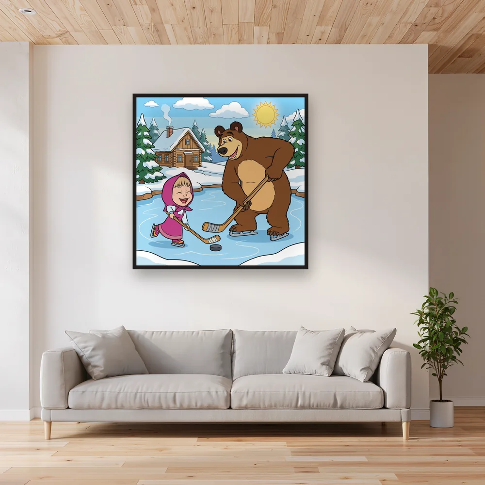 Masha and the Bear Playing Hockey on Ice – Living room