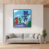 Catboy Owlette and Gekko Jumping on Rooftop – displayed in a living room
