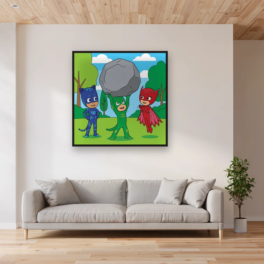 Gekko Lifting a Big Rock with Catboy and Owlette – Living room