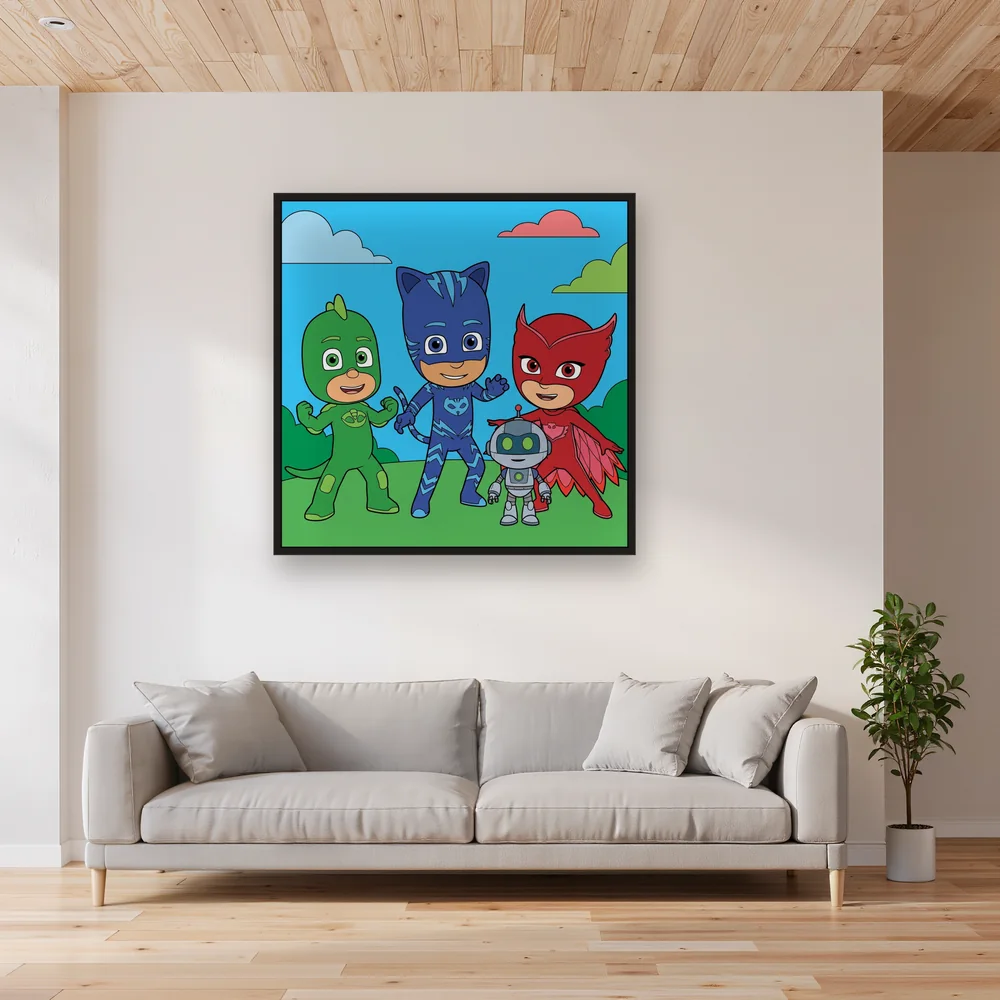 Catboy Owlette Gekko and PJ Robot Team Pose – Living room