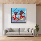 Ladybug and Cat Noir Swinging Over City Rooftops – displayed in a living room