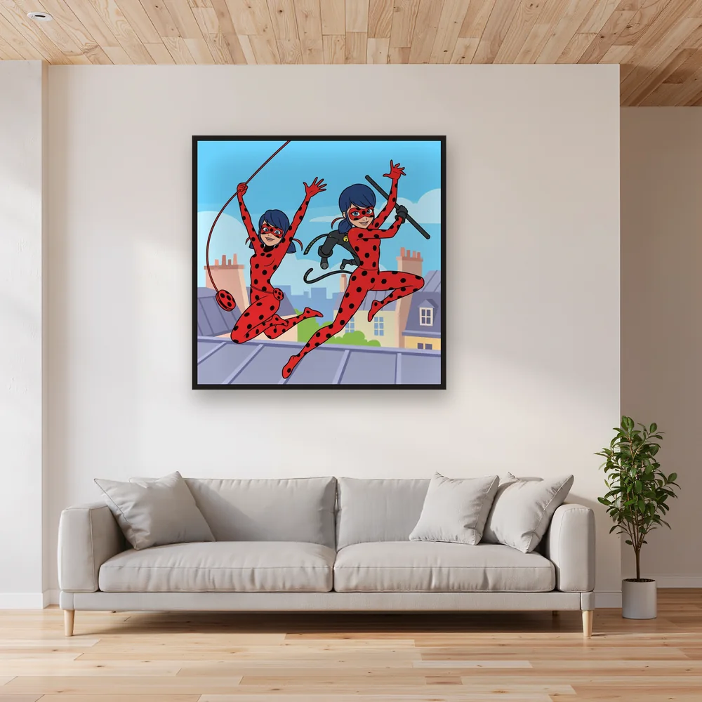 Ladybug and Cat Noir Swinging Over City Rooftops – Living room