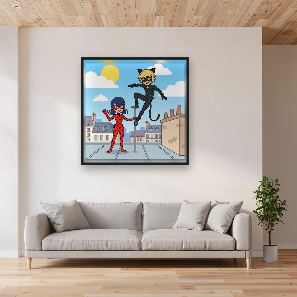 Ladybug and Cat Noir Balancing on a Rooftop – Living room