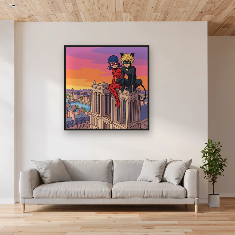 Ladybug and Cat Noir on Gothic Tower at Sunset – Living room