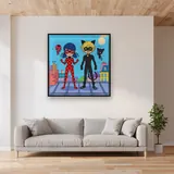Ladybug and Cat Noir on City Rooftop – displayed in a living room