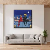 Ladybug and Cat Noir Stargazing on a Rooftop – displayed in a living room