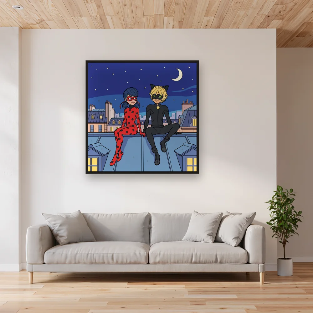 Ladybug and Cat Noir Stargazing on a Rooftop – Living room