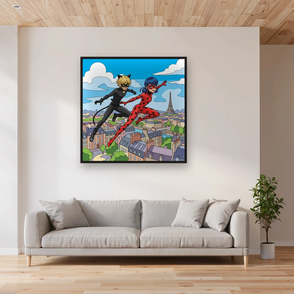 Ladybug and Cat Noir Soaring Above the City – Living room