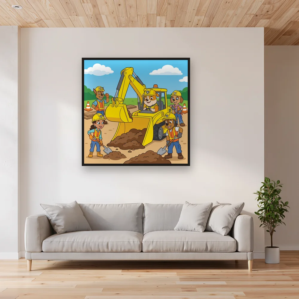 Rubble and Crew Digging with an Excavator – Living room