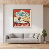 Snowy Chamonix Train Poster – displayed in a living room