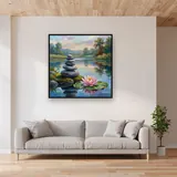 Balanced Stones and Pink Lotus – displayed in a living room