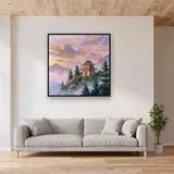 Misty Mountain Temple at Dawn – displayed in a living room