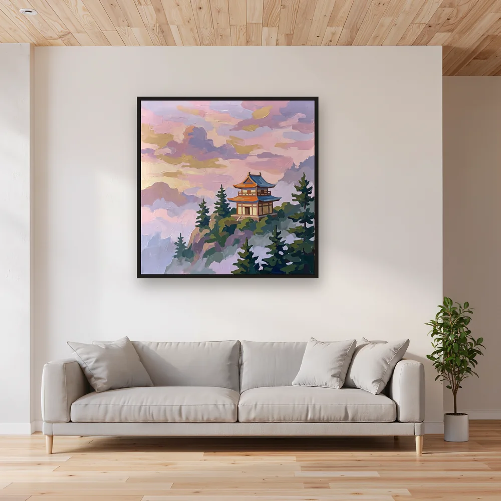 Misty Mountain Temple at Dawn – Living room