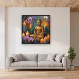 Bouddha doré parmi les orchidées – mis en situation dans un salon