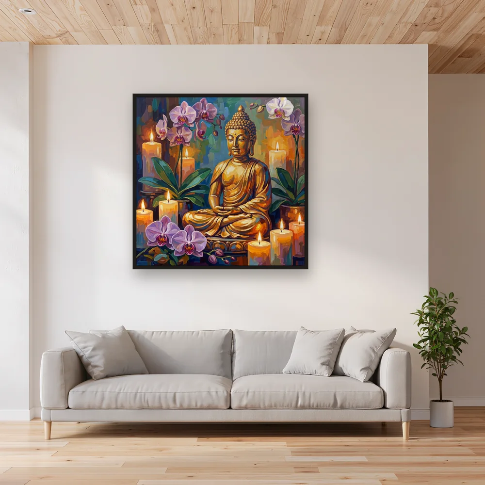 Bouddha doré parmi les orchidées – Salon