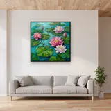 Lotus Roses sur Étang Turquoise – mis en situation dans un salon