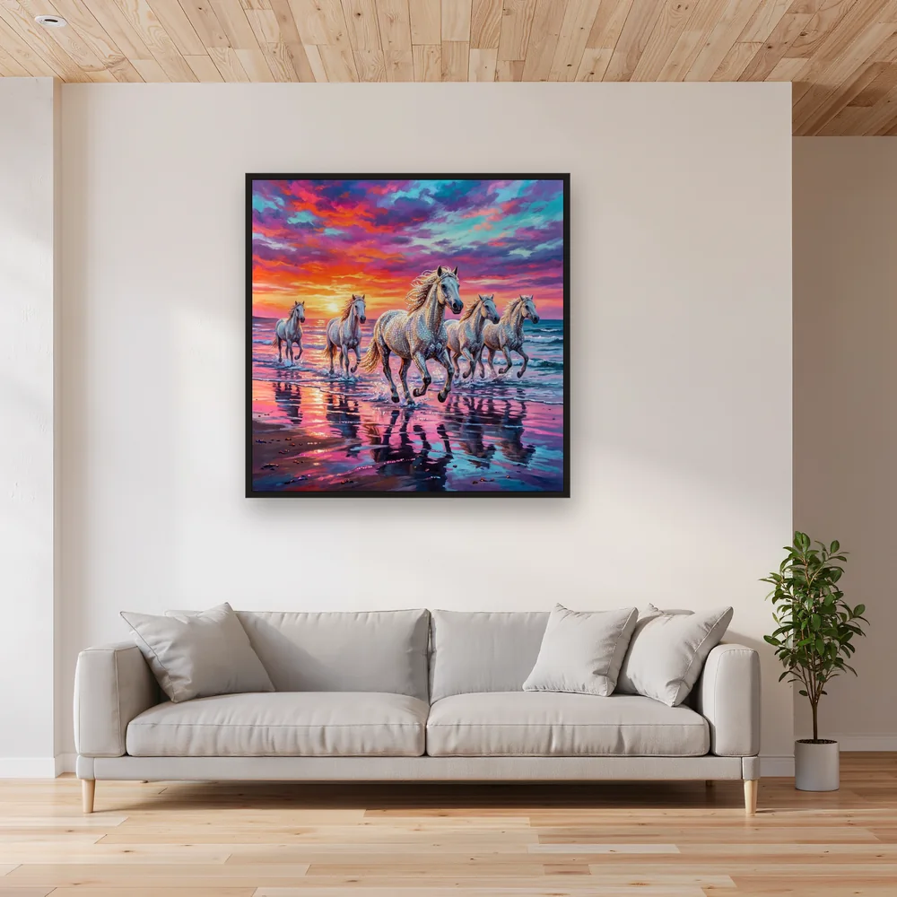 White Camargue Horses Galloping at Sunrise – Living room