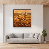 Palomino galopant dans les blés dorés – mis en situation dans un salon