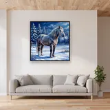 Grey Horse in Snowy Winter Pasture – displayed in a living room