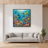 Tropical Fish School Over Sunlit Coral Reef – displayed in a living room
