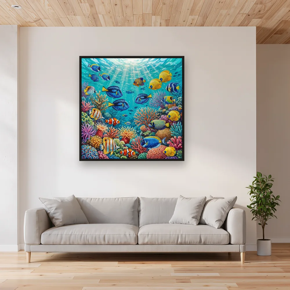 Tropical Fish School Over Sunlit Coral Reef – Living room
