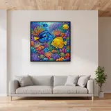 Blue and Yellow Tangs in Coral Reef – displayed in a living room