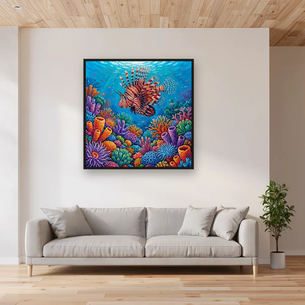 Striped-Fin Lionfish Over Colorful Coral – Living room