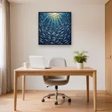 Swirling Silver Sardines in Sunlit Sea – Office