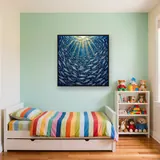 Swirling Silver Sardines in Sunlit Sea – Kids room