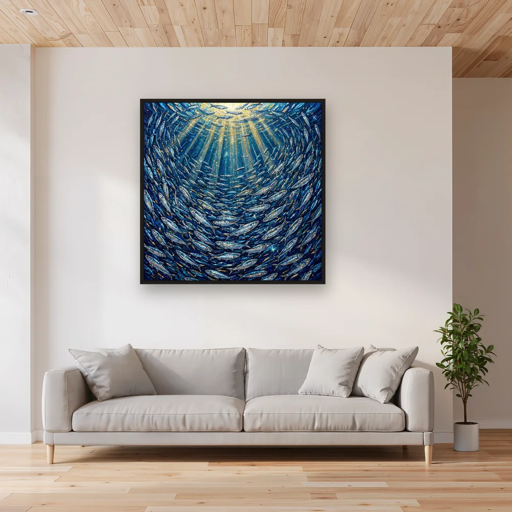 Swirling Silver Sardines in Sunlit Sea – Living room