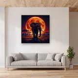 Elephant Silhouette Against a Giant Orange Moon – displayed in a living room