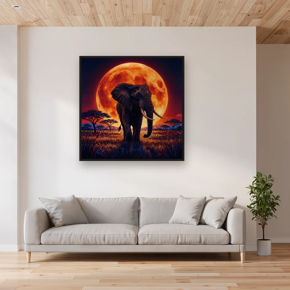 Elephant Silhouette Against a Giant Orange Moon – Living room